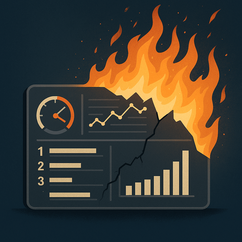Corporate dashboard, broken and on fire